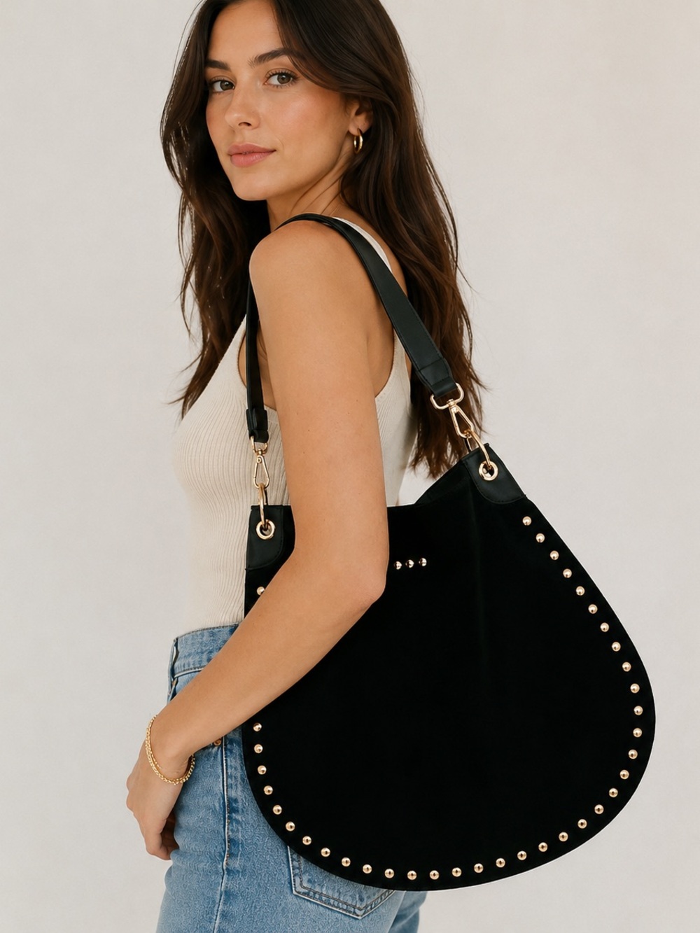 Pretty Simple Rosalie Gold Rivet Luxe Vegan/Faux Suede Hobo Bag Versatile Black